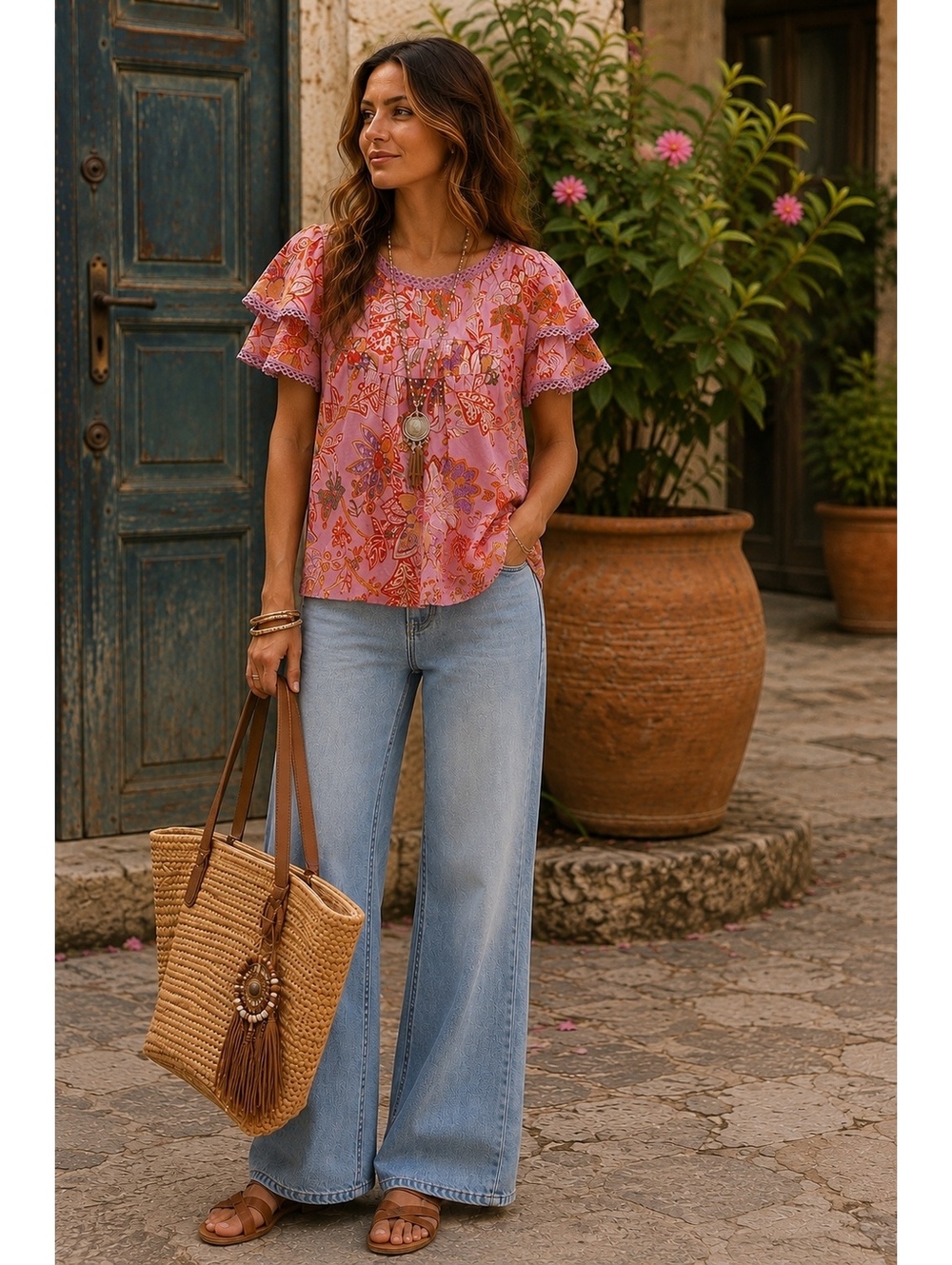 Rose + Olive Boho Floral Paisley Flutter Sleeve Rayon Blouse M